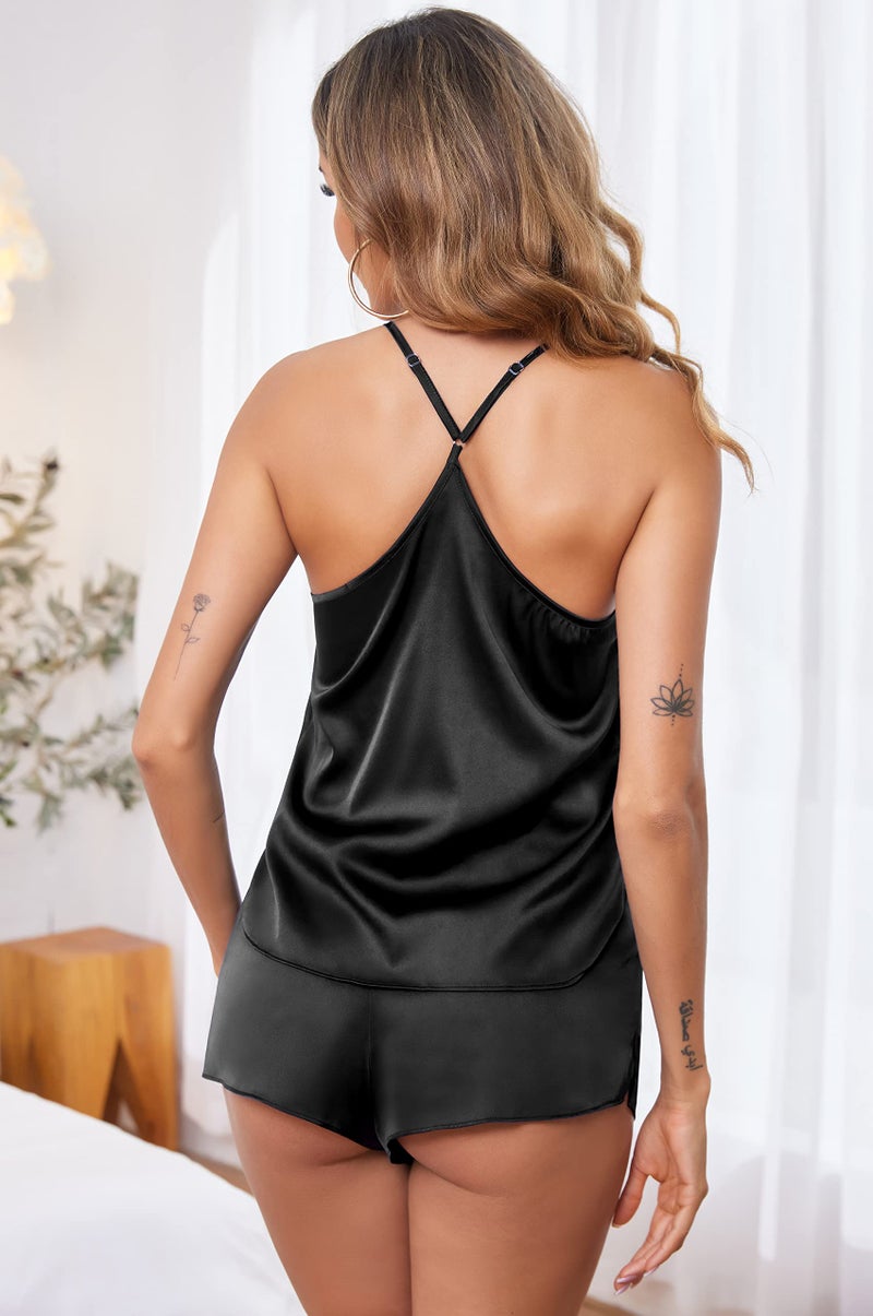 Ekouaer Silk Pajamas Set for Women Satin Lingerie Pjs Cami Top and Shorts Soft 2 Piece Nightwear A-Black Medium - Image 3